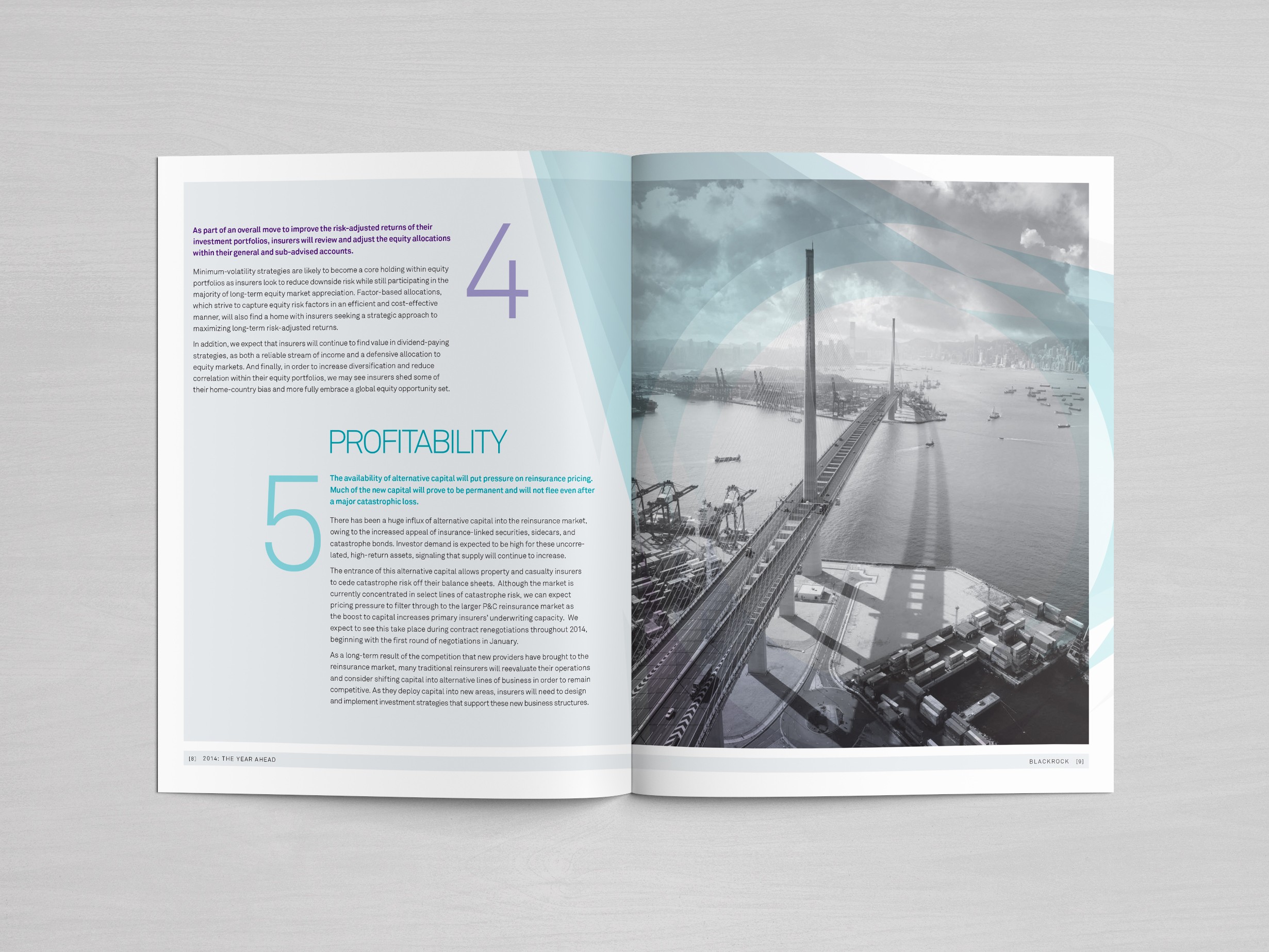 Inside spread of a financial brochure for BlackRock, image and text graphics