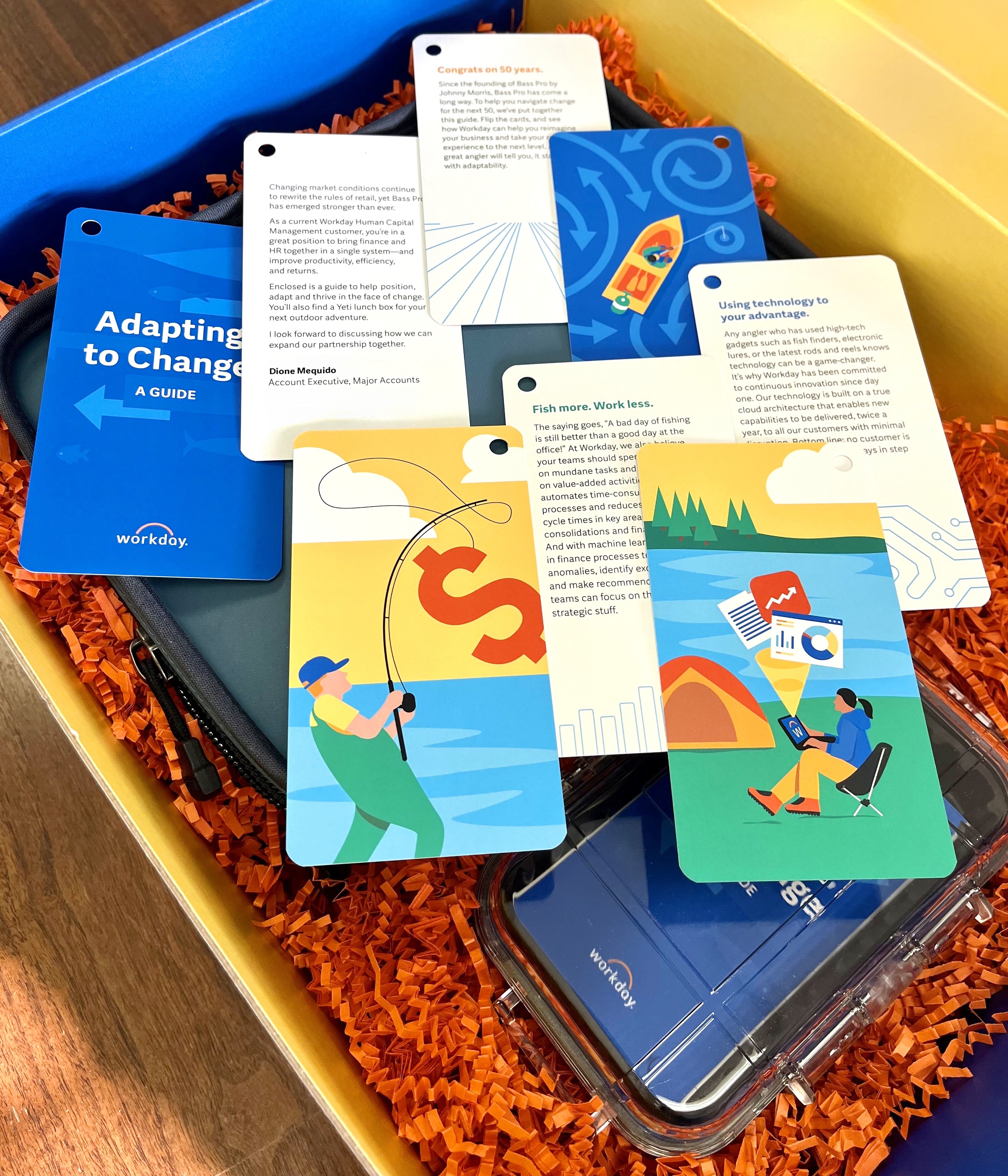 Printed cards with rounded corners arranged into a composition to showcase illustrations and content