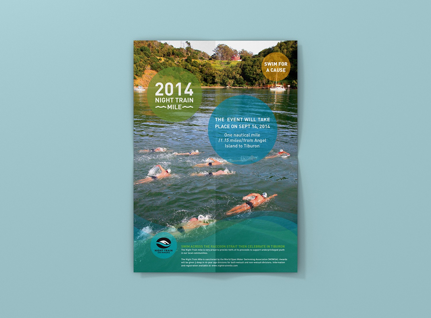 Poster design promoting a swim event, swimmers swimming in a group
