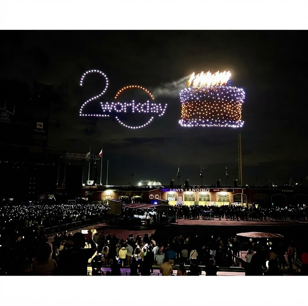 Drones forming the 20th Anniversary Workday logo over ATT park at night