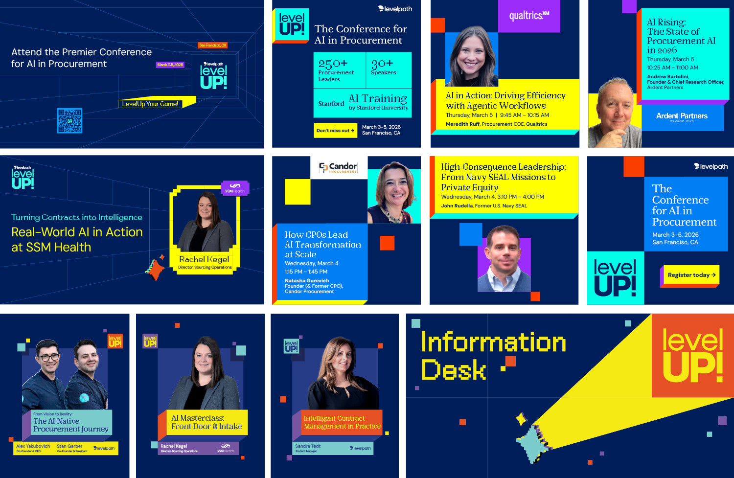 Collection of examples of email and social media banners for the LevelUp event