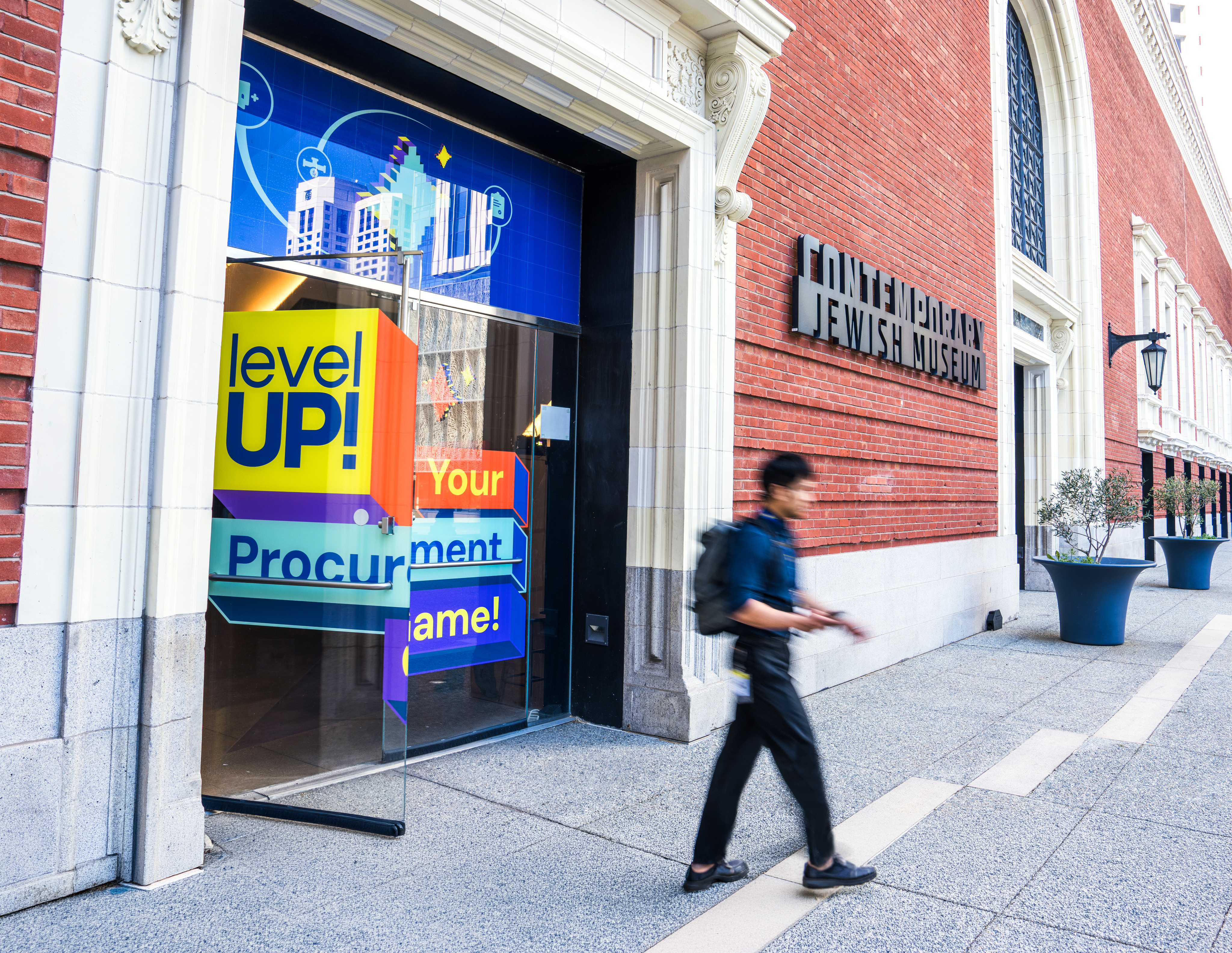 Vinyl graphics at the entrance to the LevelUp event at the Jewish Contemporary Museum