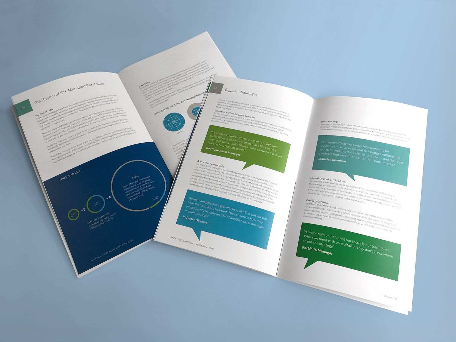 Inside spread of a financial brochure showing graphs and quotes