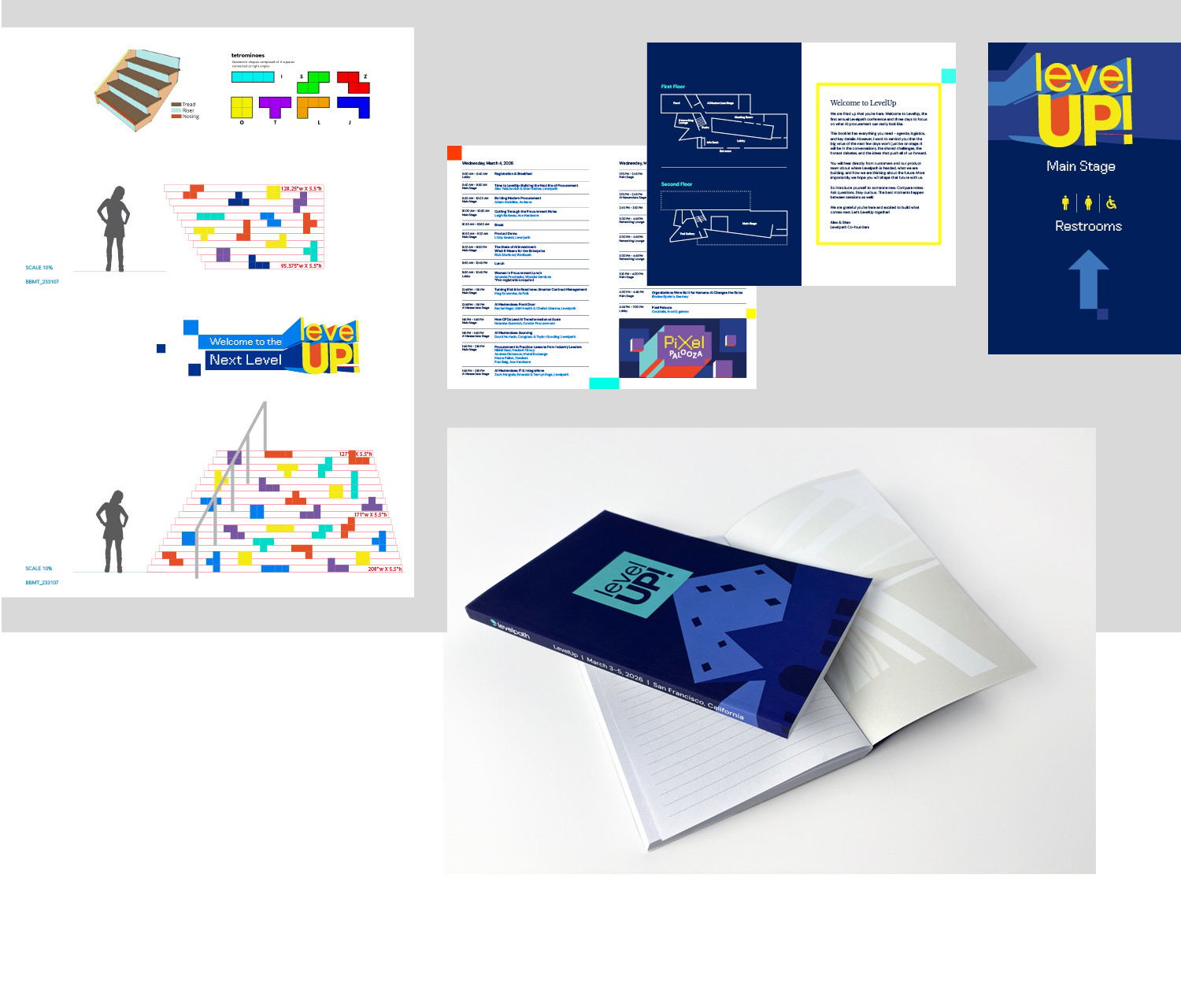 Collection of printed artwork for the LevelUp event, stair graphics, event program, signage and event notebook