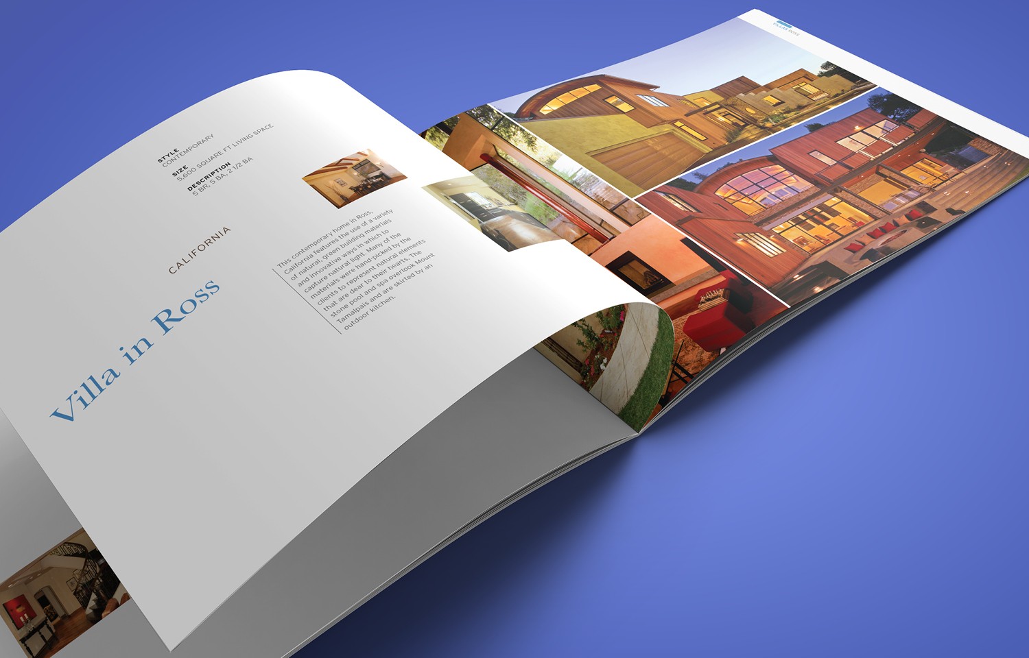 Inside spread of a horizontal oriented book featuring photography of homes