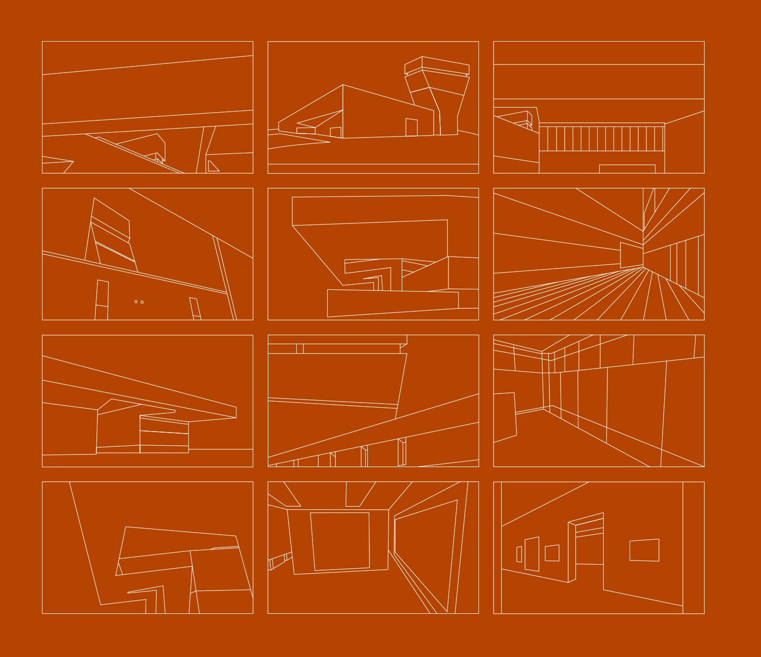 Collection of line art illustrations used on the invite, white art on orange background