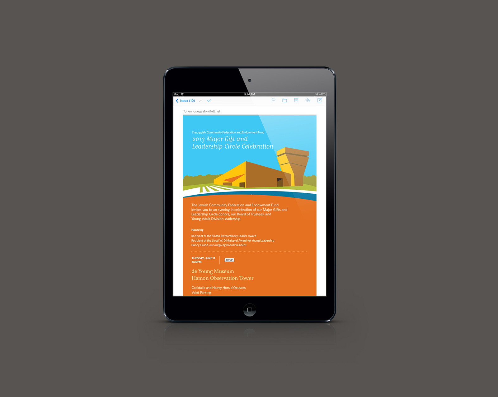 Tablet showing an email design for the event