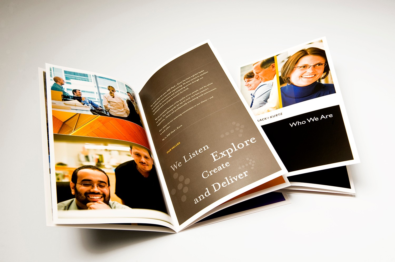 Cover and inside spread of a portrait oriented brochure, featuring photos of employees and layout design