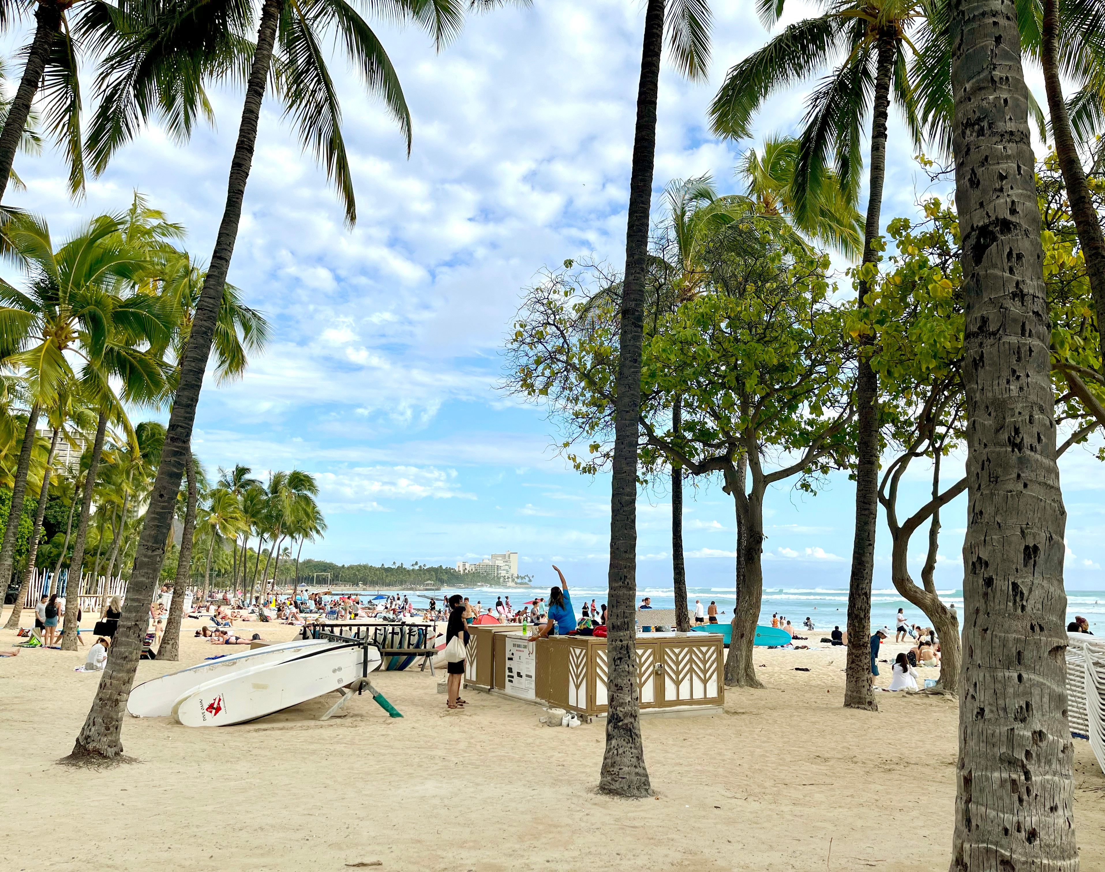 Waikiki beach with a view of water, people, surfboards and blue skies