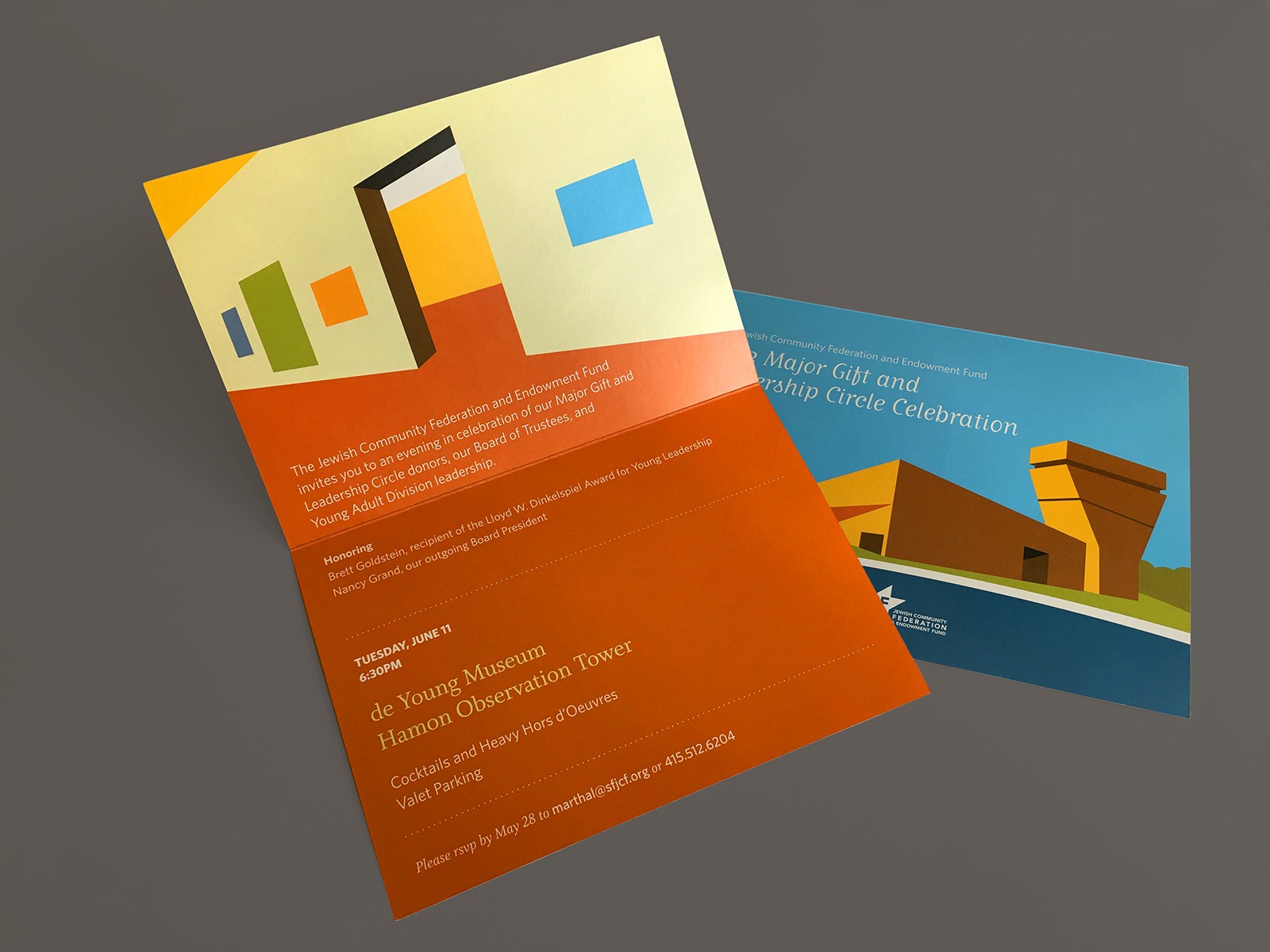 Folded card invite, showcasing illustrations and layout design, for an event happening at the De Young Museum