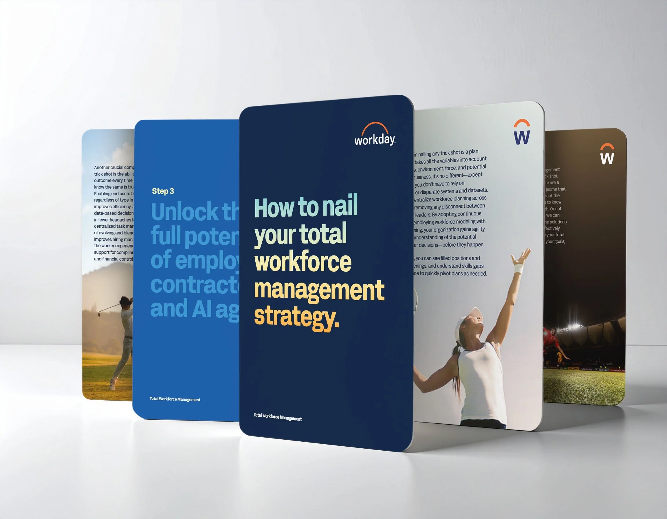 Five printed cards, arranged vertically, showcasing graphics and imagery